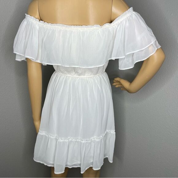 Hollister Off Shoulder Ruffled Flowy Boho Mini Dress White Size Medium - Picture 6 of 14